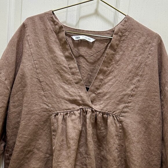 Zara 100% Linen Oversized Tunic Top Women's Size XS Brown Boho Feminine Gypsy - Picture 2 of 11